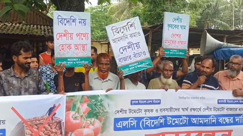 এলসির মাধ্যমে টমেটো আমদানি বন্ধের দাবীতে পঞ্চগড়ে মানববন্ধন